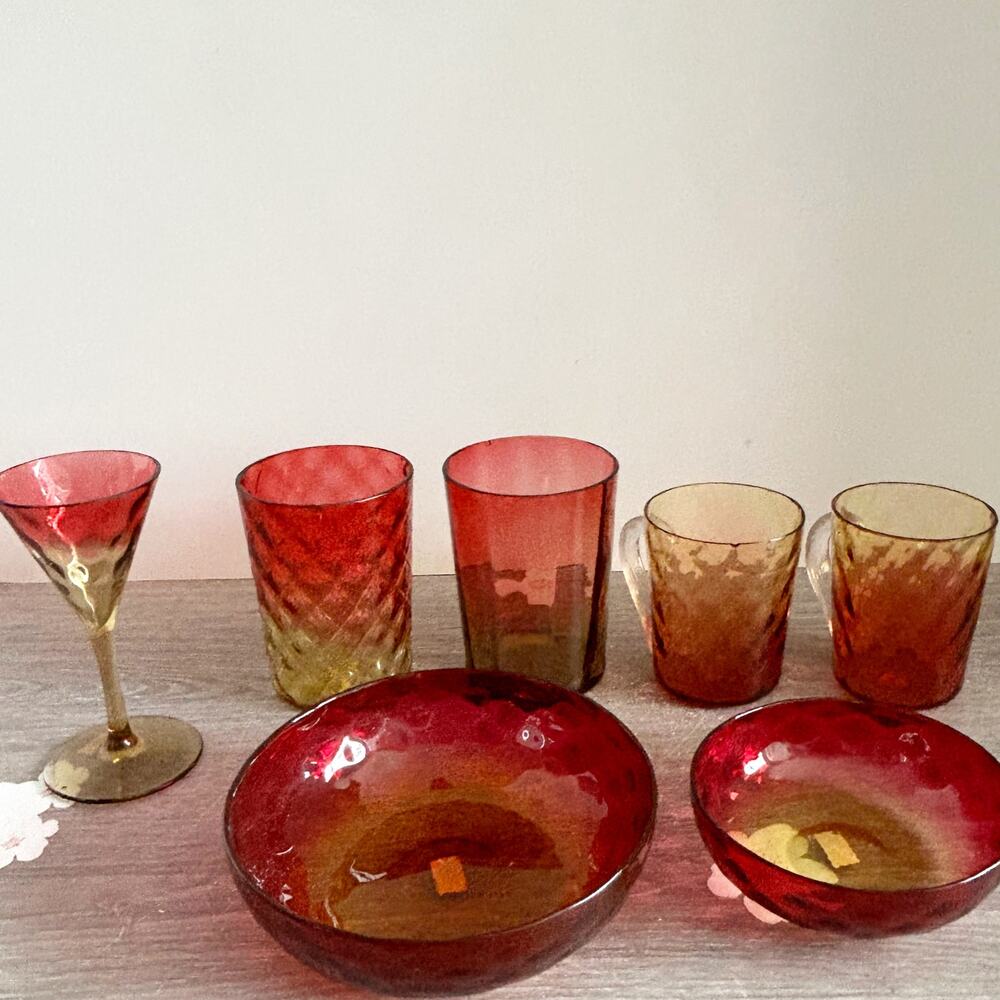 Antique Victorian Amberina Art Glass 7 Chipped Pieces Mixed Lot 1800s